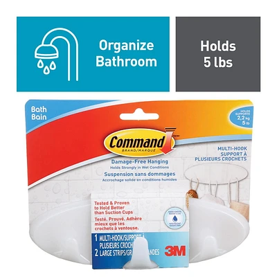 Crochet à usages multiples pour la salle de bain BATH21-EF CommandMC, grand, givré, 2,3 kg (5 lb), 1 crochet, 2 bandes résistant à l’eau