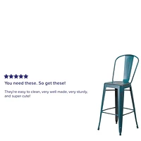 Tabouret de bar en métal vieilli bleu-sarcelle Kelly de 30 pouces de hauteur pour l'intérieur et l'extérieur avec dossier