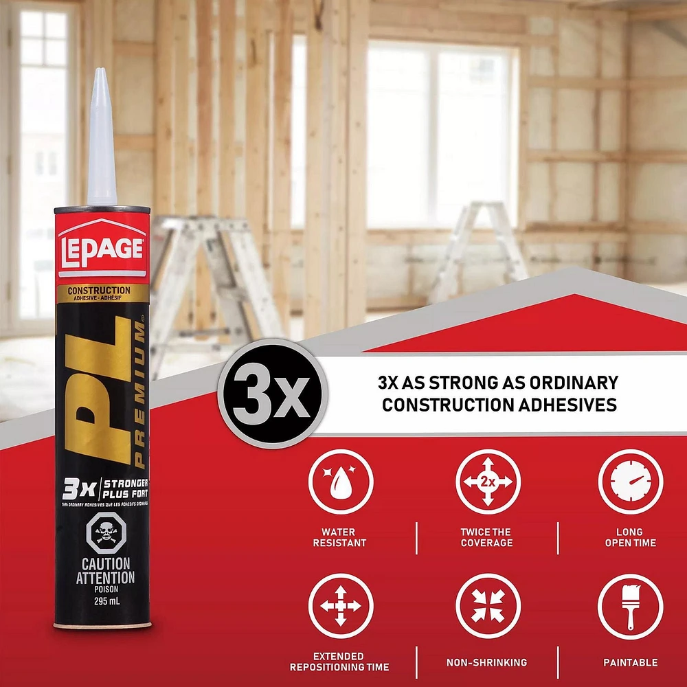 Adhésif de construction PL Premium de LePage 3 fois plus forte 295 ml, 3 fois plus forte que les adhésifs de construction traditionnelle à base de solvants