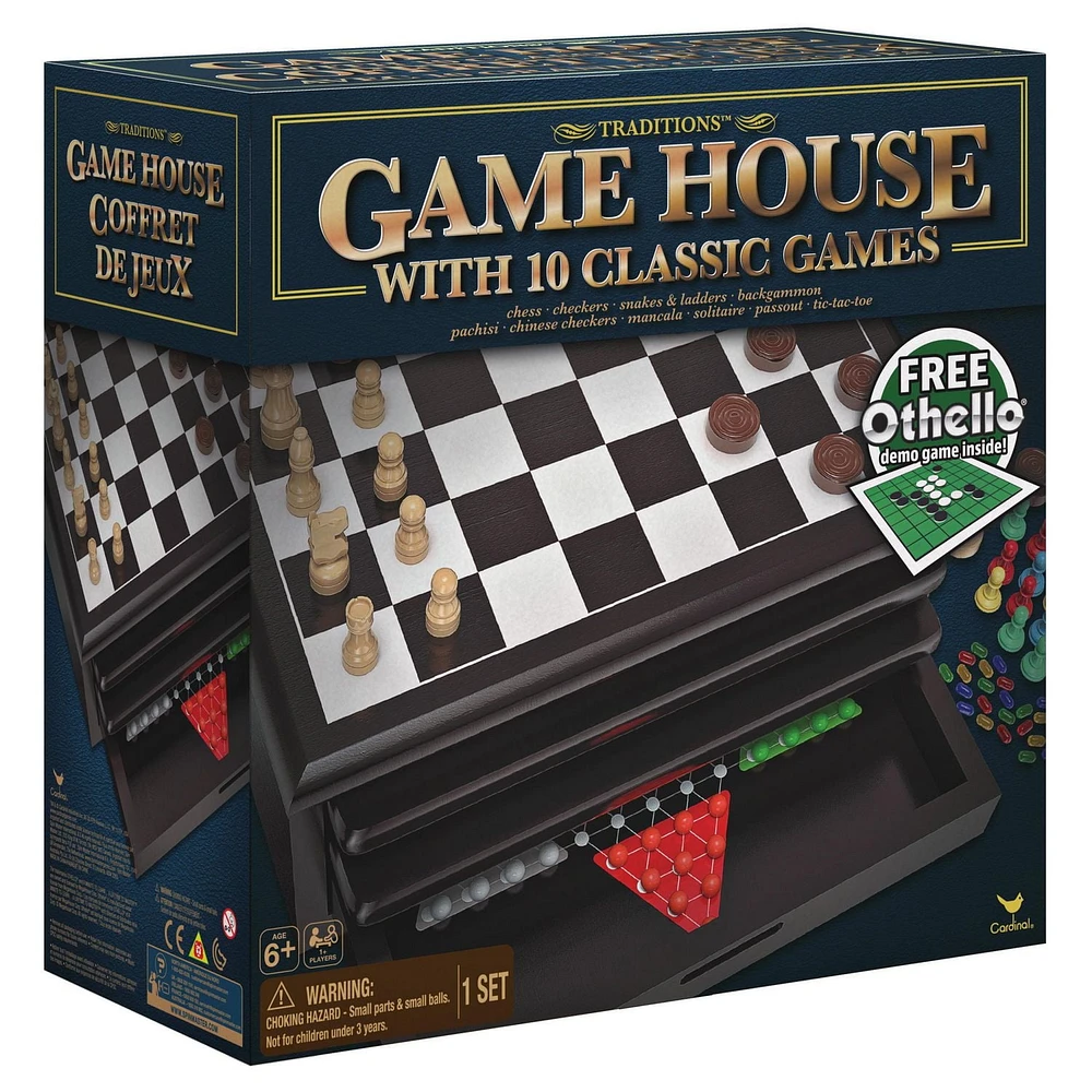 Traditions Wood Game House with 10 Classic Games Including Mini Othello, Cardinal Games