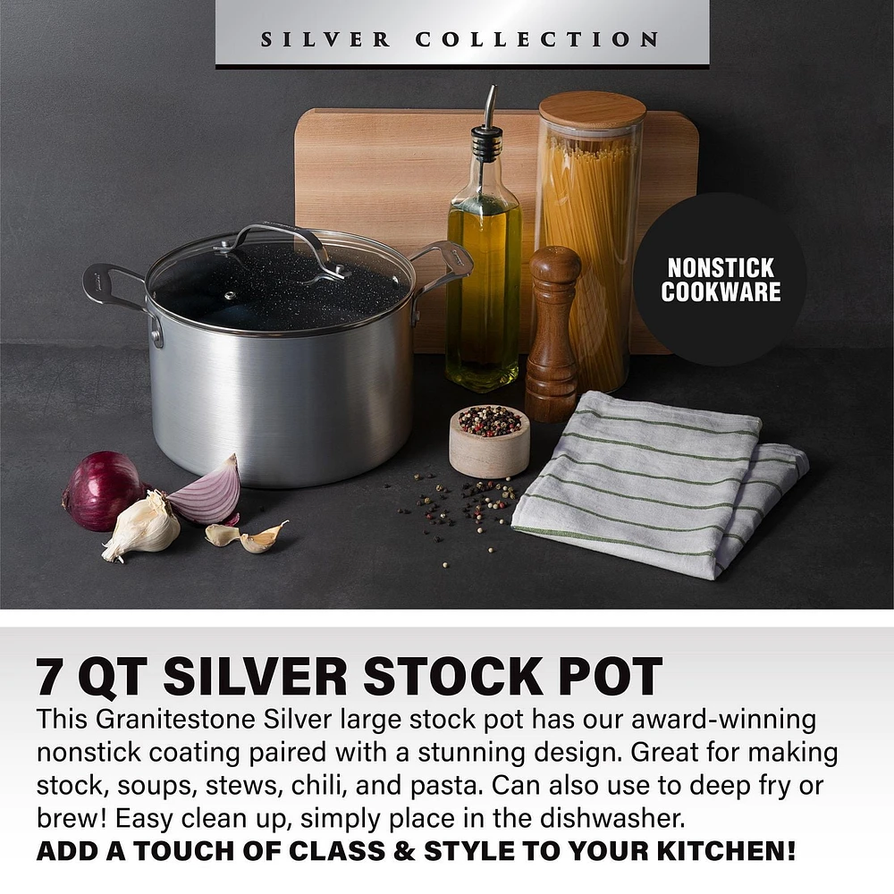 Granitestone 7 Quart Silver Nonstick Stock Pot with Lid Cookware, Oven & Dishwasher Safe