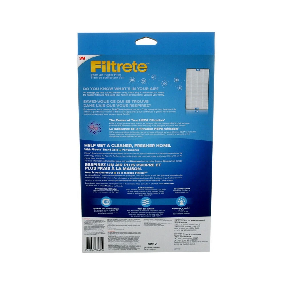 Filtre HEPA véritable Filtrete(MC) avec protection de qualité supérieure contre les allergènes, les bactéries et les virus, FAPF-CA-F2-PBV, F2, 1/paquet