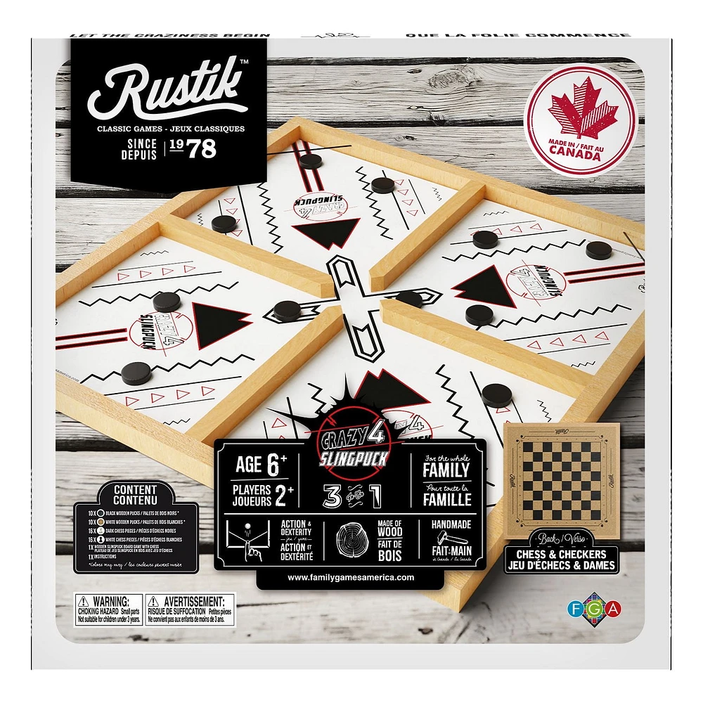 Rustik Crazy 4-Player Slingpuck / Chess / Checkers 3-in-1