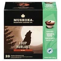 Dosettes de café Loup Hurlant de Muskoka Roastery Coffee Co. à torréfaction foncée moyenne en emballage d'une portion