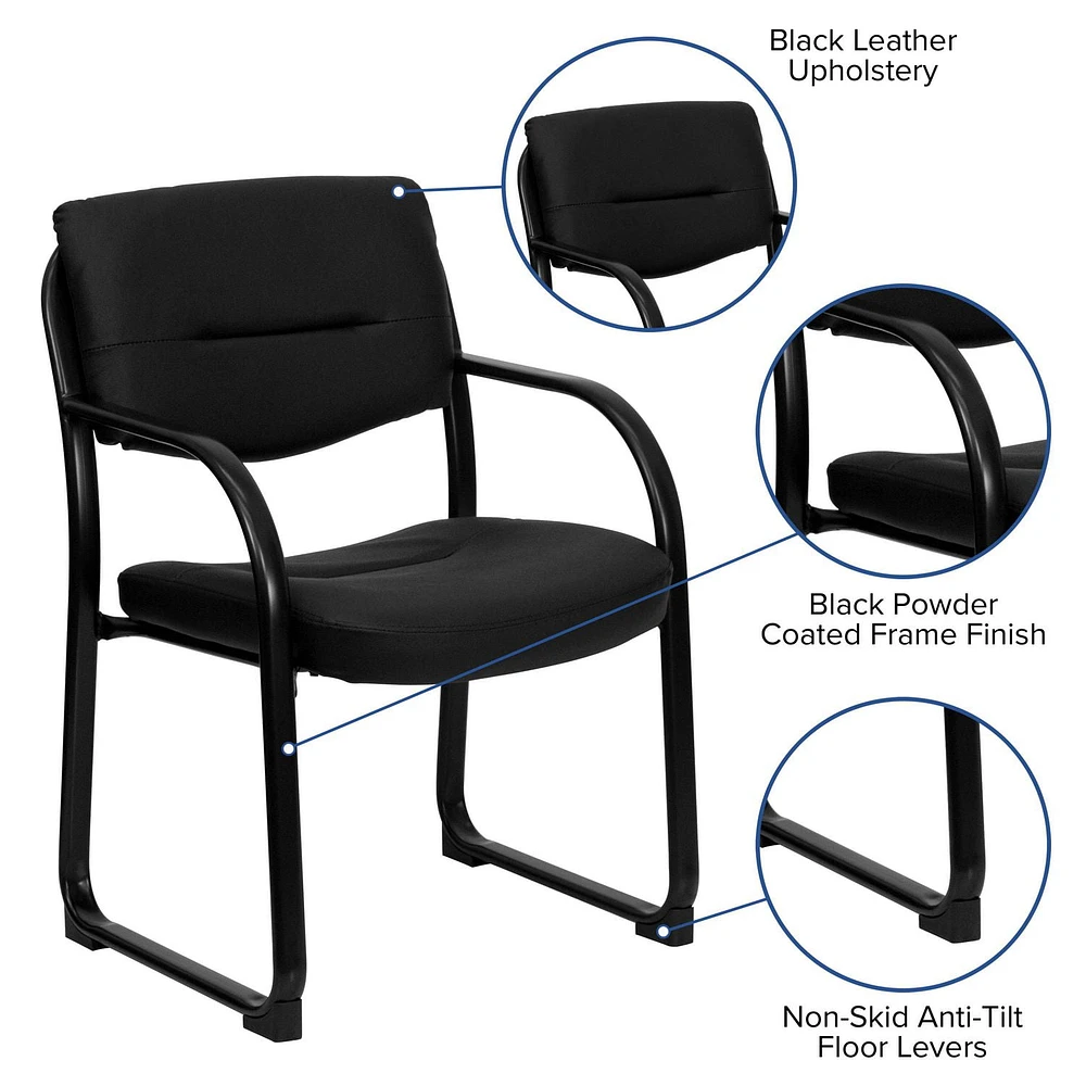 Chaise de réception exécutive auxiliaire en cuir noir avec base traîneau