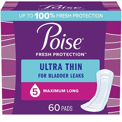 Serviettes d’incontinence ultraminces Poise pour femmes, degré d’absorption 5, absorption maximale, longueur longue, 60 unités 60 Serviettes
