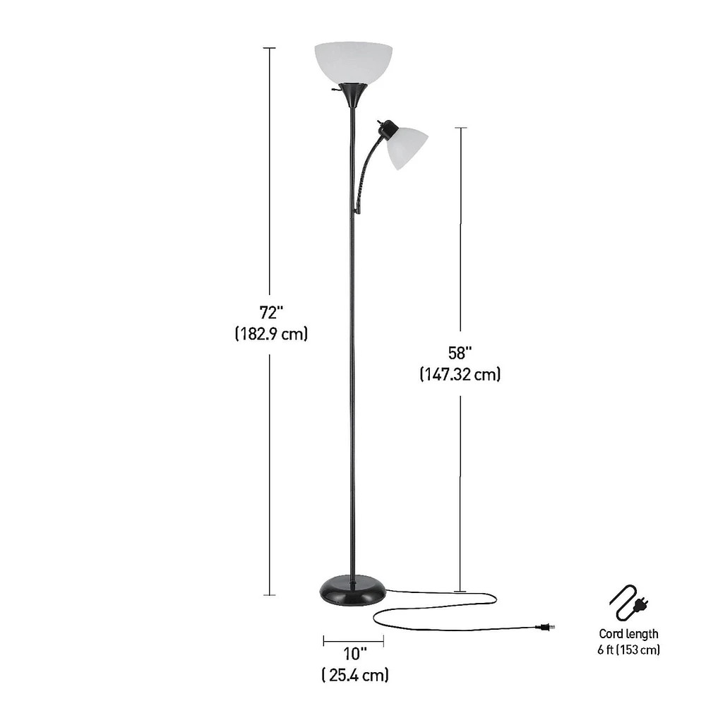 Lampe torchère sur pied en métal de collection Delilah par Globe Electric de 72 po + lumière de lecture ajustable en blanc mat