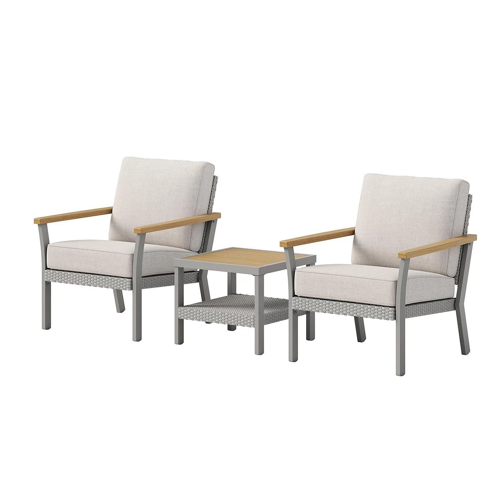 SONGMICS HOME Sencillo Collection - 3 Piece Patio Furniture Set, 2 Lounge Chairs and 1 Coffee Table, Outdoor Furniture, Cushions, Conversation, Synthetic PE Rattan, Faux Wood, Gray and Beige