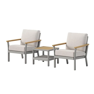 SONGMICS HOME Sencillo Collection - 3 Piece Patio Furniture Set, 2 Lounge Chairs and 1 Coffee Table, Outdoor Furniture, Cushions, Conversation, Synthetic PE Rattan, Faux Wood, Gray and Beige