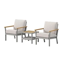 SONGMICS HOME Sencillo Collection - 3 Piece Patio Furniture Set, 2 Lounge Chairs and 1 Coffee Table, Outdoor Furniture, Cushions, Conversation, Synthetic PE Rattan, Faux Wood, Gray and Beige