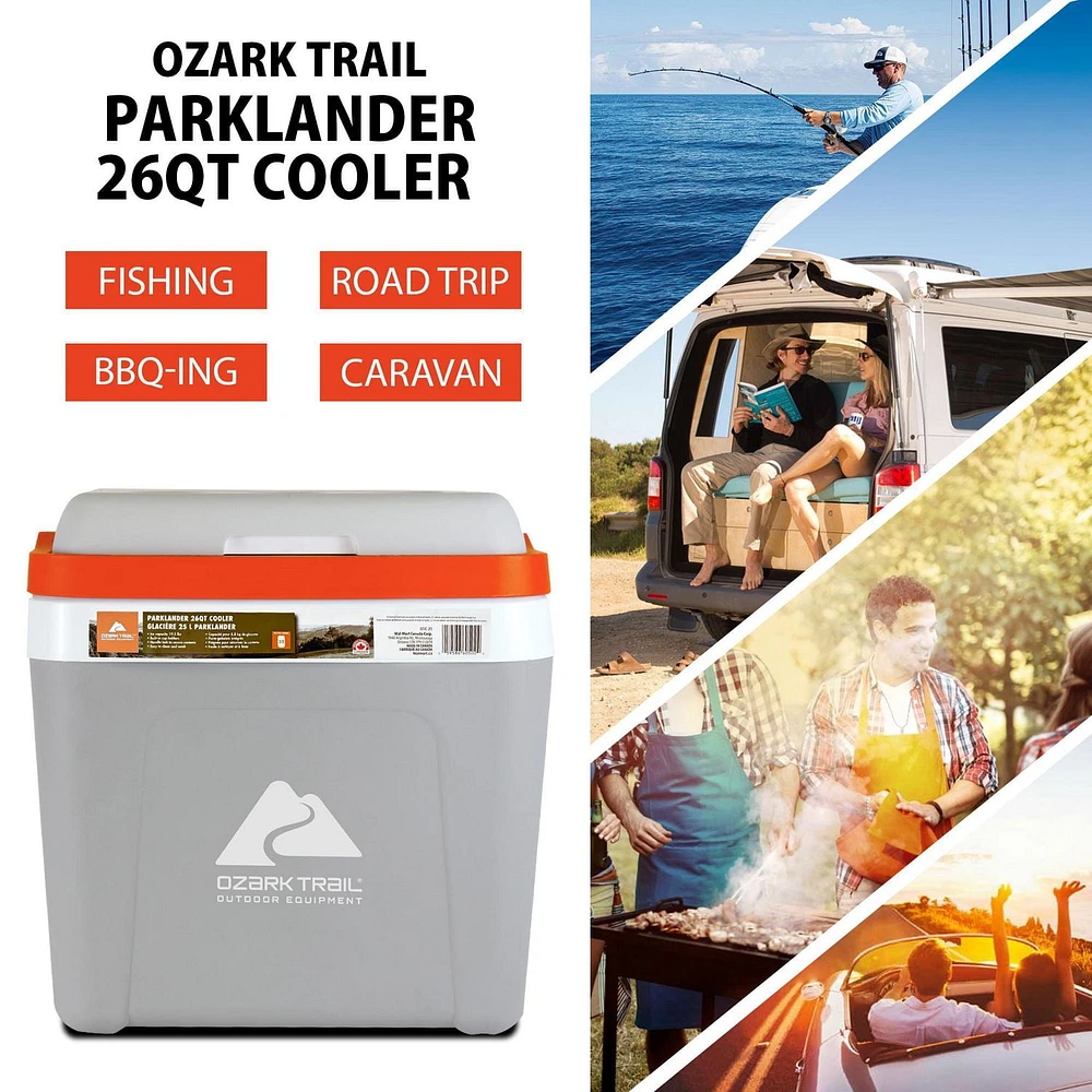 Glacière thermoélectrique Ozark Trail 26 pintes, glacière de voyage portable, Highline 12 V sans glace 30 canettes, gris