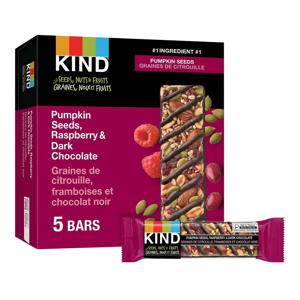 KIND Barres Graines, fruits et noix, Graines de citrouille, framboises et chocolat noir, 40 g, boîte de 5 unités Graines, Fruits et Noix Framboise