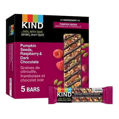 KIND Barres Graines, fruits et noix, Graines de citrouille, framboises et chocolat noir, 40 g, boîte de 5 unités Graines, Fruits et Noix Framboise