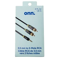 onn. 6 FT./1.8 m 3.5 mm to 2-Male RCA Audio Cable with Gold Contacts, Reliable Connection