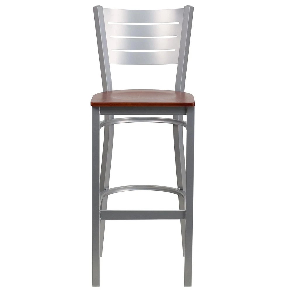 Lot de 2 pièces - Tabouret de bar de la série HERCULES en métal argenté avec dossier à lattes - siège en bois de cerisier