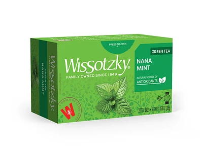 GREEN TEA WITH NANA, The mint leaves are good for the digestion and they add to the green tea a fresh and charming taste. 
Green Tea with a Unique and Refreshing Awesome Mint Flavor. Rich in Antioxidants, Naturally flavored using all natural ingredients.

<ul>
<li>
Kosher Parve For Passover and all year r</li></ul>
