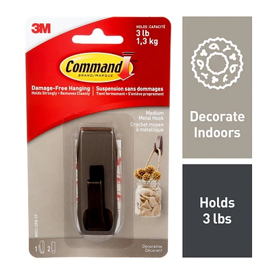 Command™ Modern Reflections Metal Hook, MR02-ORB-EF, oil rubbed bronze, medium, 1 hook, 2 strips, 1 M Hook, 1 Strip
