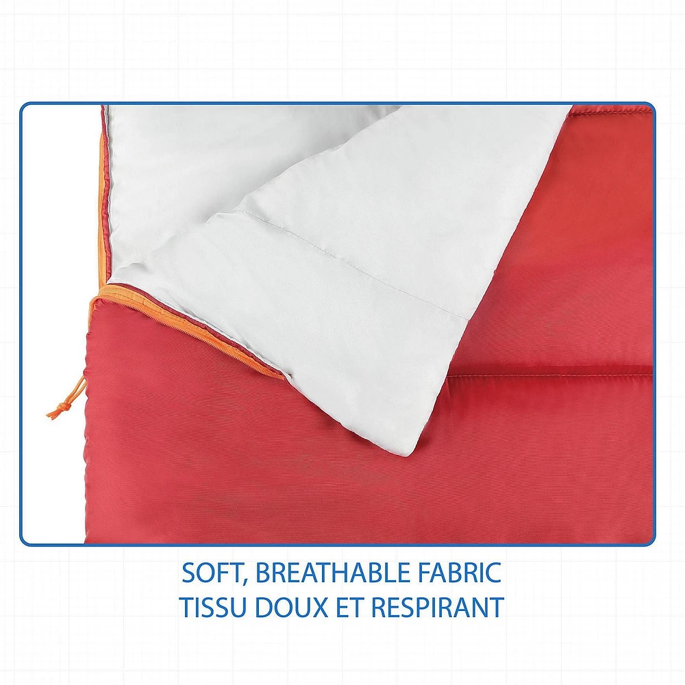 Sac de couchage rectangulaire Ozark Trail 10C, 183cm(L) x76.2cm" (L), note température +50℉/+10℃, extérieur en polyester, Rouge 183cm(L) x76.2cm" (L)