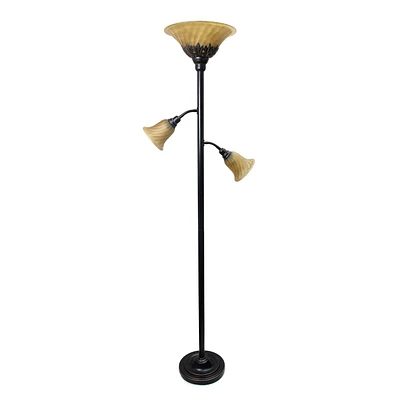 Lampadaire élégant 3 lumières avec abat-jour en verre festonné, bronze de restauration