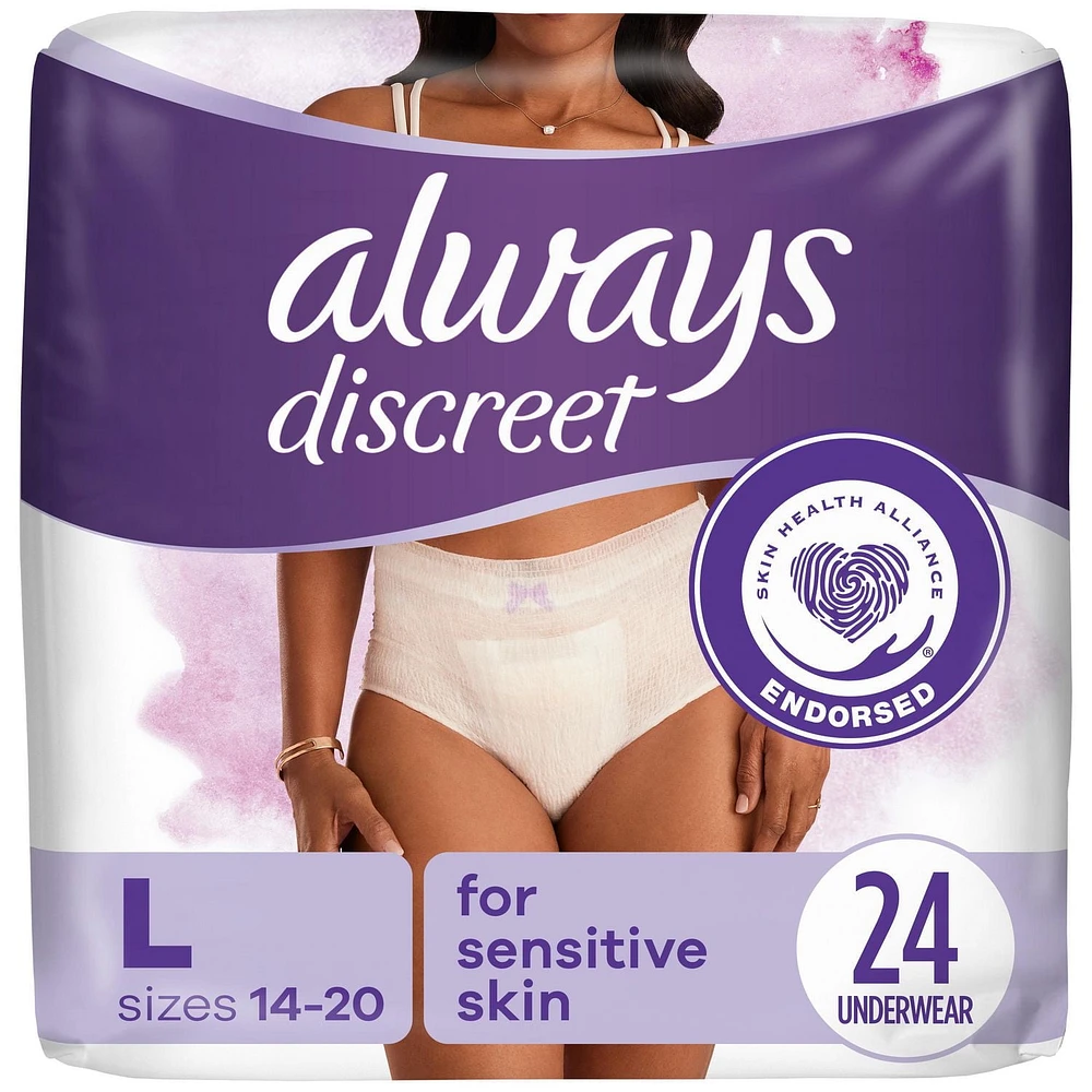 Culottes pour peau sensible Always Discreet, absorption maximale, quatre fois la protection de la peau, testées sous contrôle dermatologique, taille G, sans parfum, 24culottes 24CT
