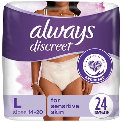 Culottes pour peau sensible Always Discreet, absorption maximale, quatre fois la protection de la peau, testées sous contrôle dermatologique, taille G, sans parfum, 24culottes 24CT