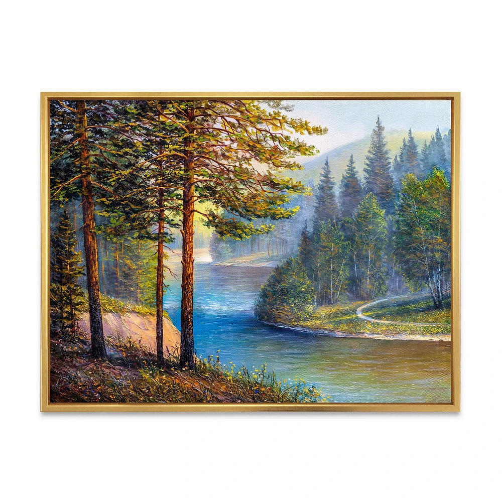 Designart Lumière du soleil du matin à travers la forêt de pins et de sapins ART MURAL À CADRE FLOTTÉ