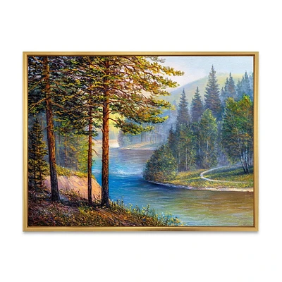 Designart Lumière du soleil du matin à travers la forêt de pins et de sapins ART MURAL À CADRE FLOTTÉ