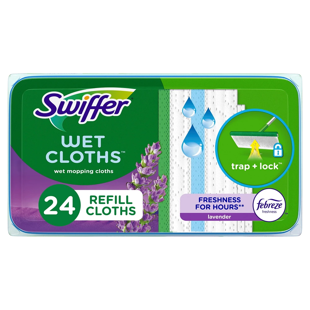 Recharges de linges humides pour balai Swiffer pour balayer et nettoyer les planchers, nettoyant pour planchers multi-surfaces avec fraîcheur Febreze, parfum Lavande, 24unités 24CT