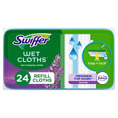 Recharges de linges humides pour balai Swiffer pour balayer et nettoyer les planchers, nettoyant pour planchers multi-surfaces avec fraîcheur Febreze, parfum Lavande, 24unités 24CT