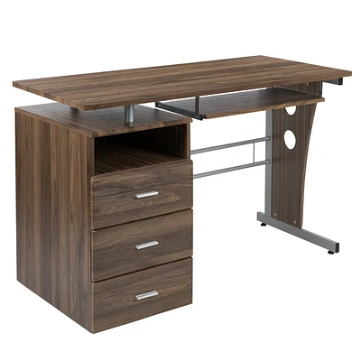 Rustic Walnut Desk with Three Drawer Pedestal and Pull-Out Keyboard Tray