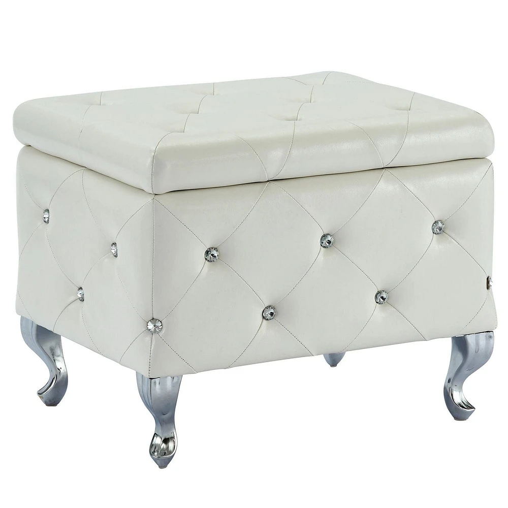 Ottomane de rangement contemporain en velours/metal, blanc