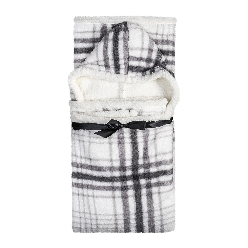 Safdie & Co. Couverture Jeté à Capuche Hoodzy Ultra Doux en Sherpa Réversible Carreaux Gris