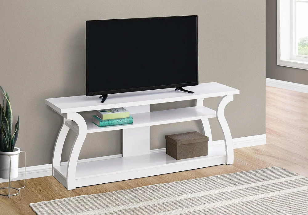 Monarch Specialties Tv Stand, 60 Inch, Console, Media Entertainment Center, Storage Shelves, Living Room, Bedroom, Laminate, White, Contemporary, Modern