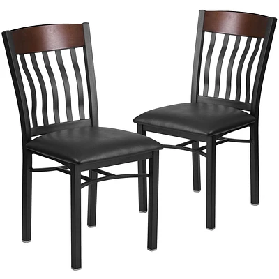 Lot de 2 pièces - Chaise de restaurant de la série Eclipse en métal noir et bois de noyer avec dossier vertical et siège en vinyle noir