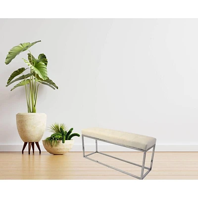 Banc beige avec cadre en métal et siège en PU, pieds en acier inoxydable, salon de coiffure