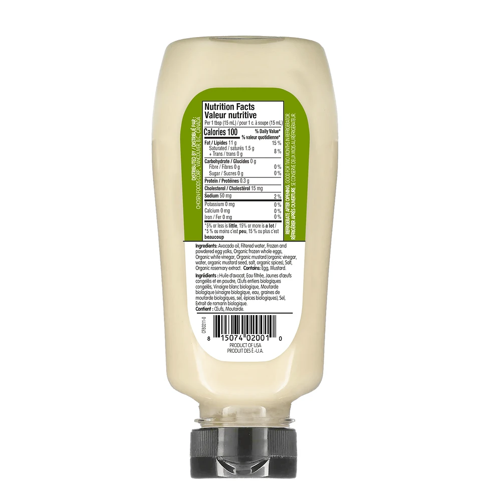 Chosen Foods Mayonnaise fait avec de l'huile d'avocat Chosen Foods Mayonnaise fait avec de l'huile d'avocat