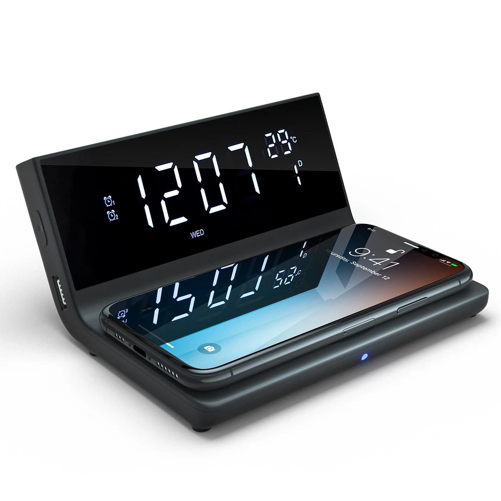 Westclox Wireless Charging Digital Alarm Clock with USB Port and Large LED Display with Day, Date and Temperature
