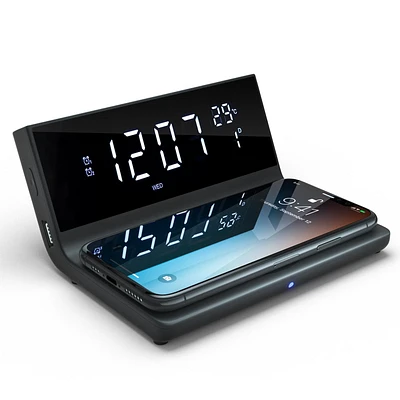 Westclox Wireless Charging Digital Alarm Clock with USB Port and Large LED Display with Day, Date and Temperature