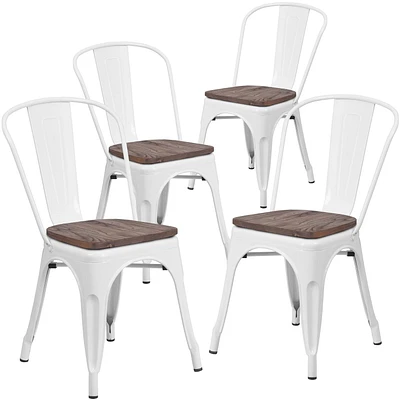 4 Pk. White Metal Stackable Chair with Wood Seat