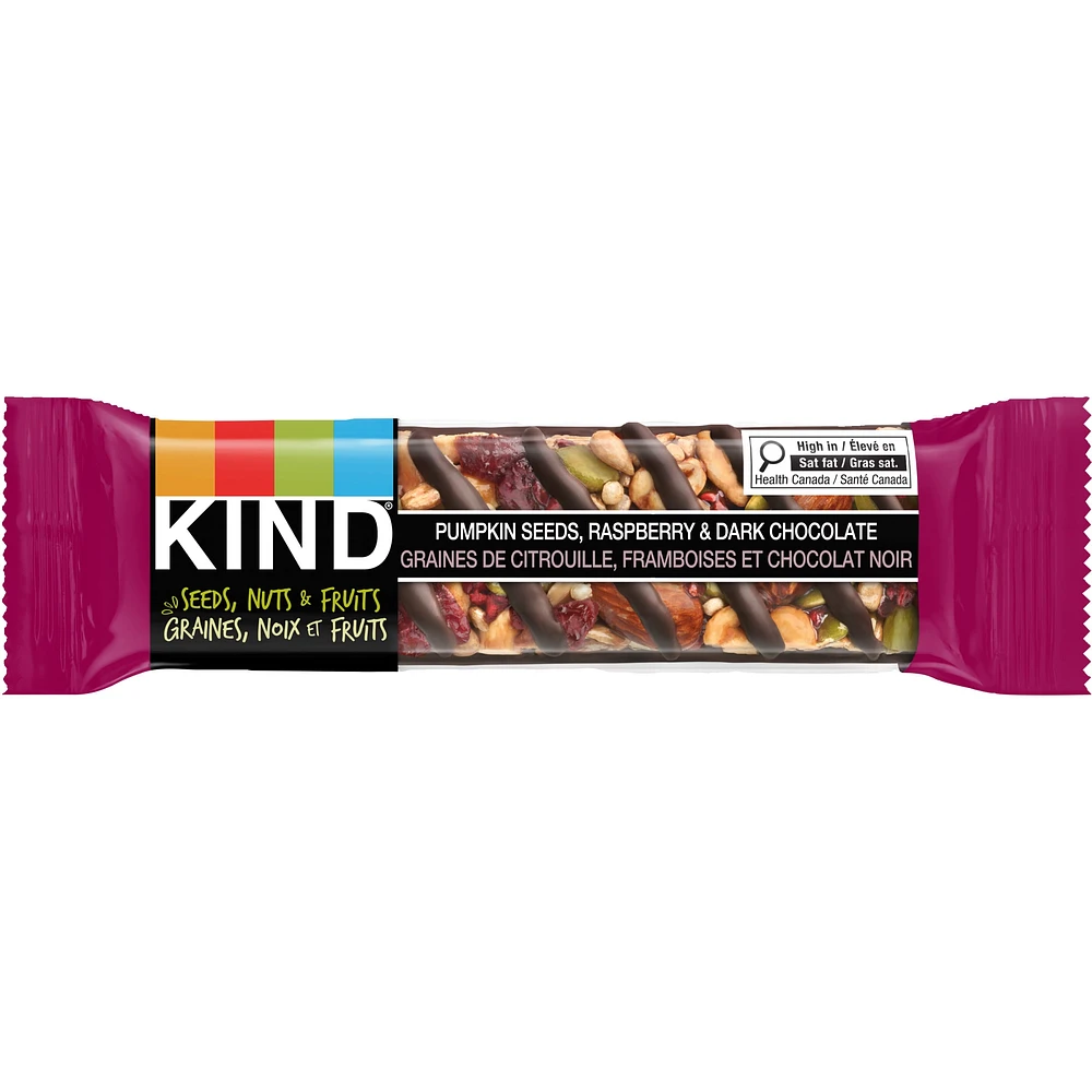 KIND Barres Graines, fruits et noix, Graines de citrouille, framboises et chocolat noir, 40 g, boîte de 5 unités Graines, Fruits et Noix Framboise