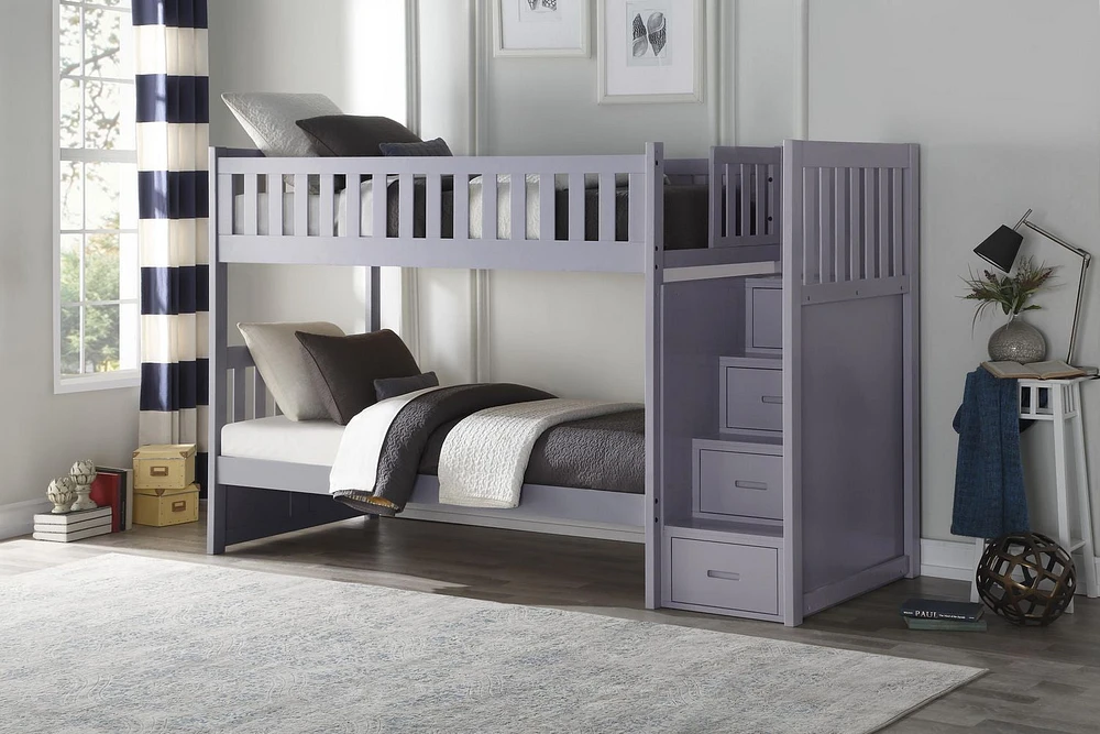 Topline Home Furnishings Lit superposé gris simple sur lit simple avec rangement et marche d'escalier