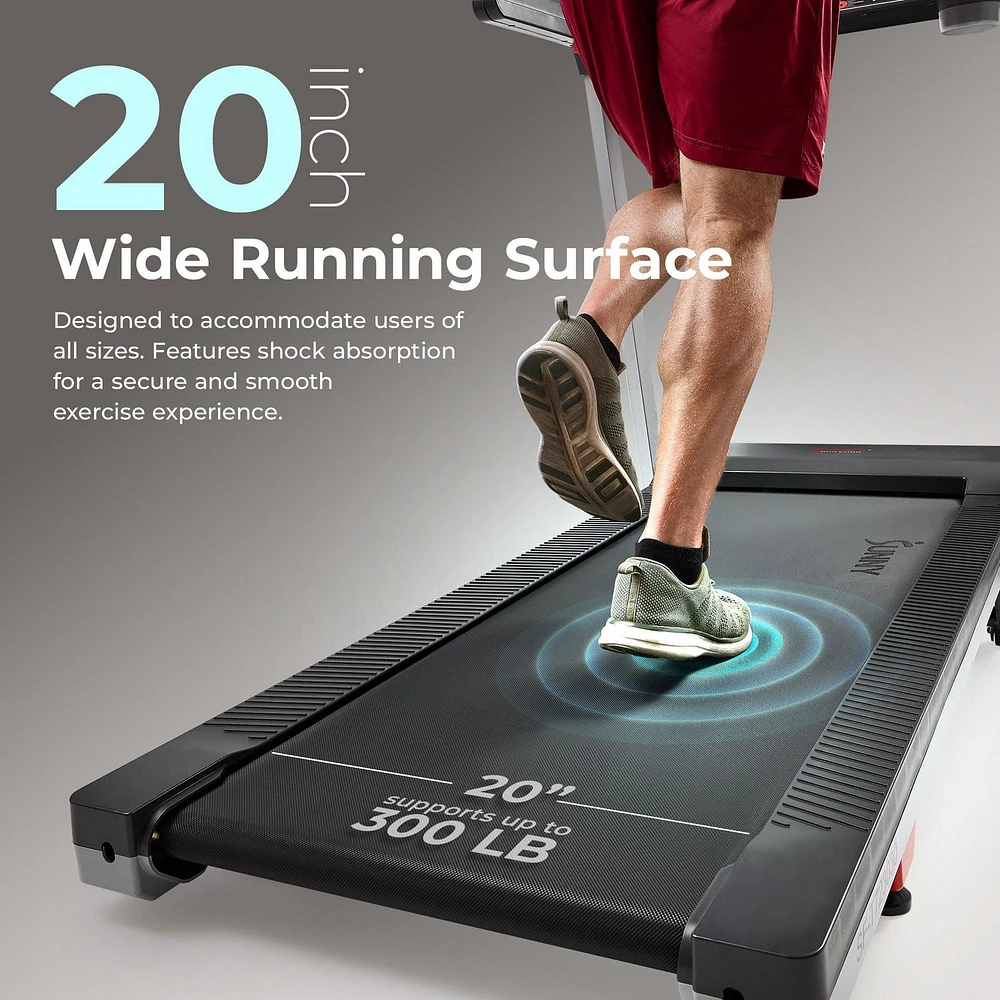 Sunny Health & Fitness Foldable 15 Level Auto Incline Treadmill, 20" Wide Running Belt, Quiet Brushless, Digital Display, 300 LB Weight Capacity, SunnyFit App Bluetooth Connection- SF-T723030