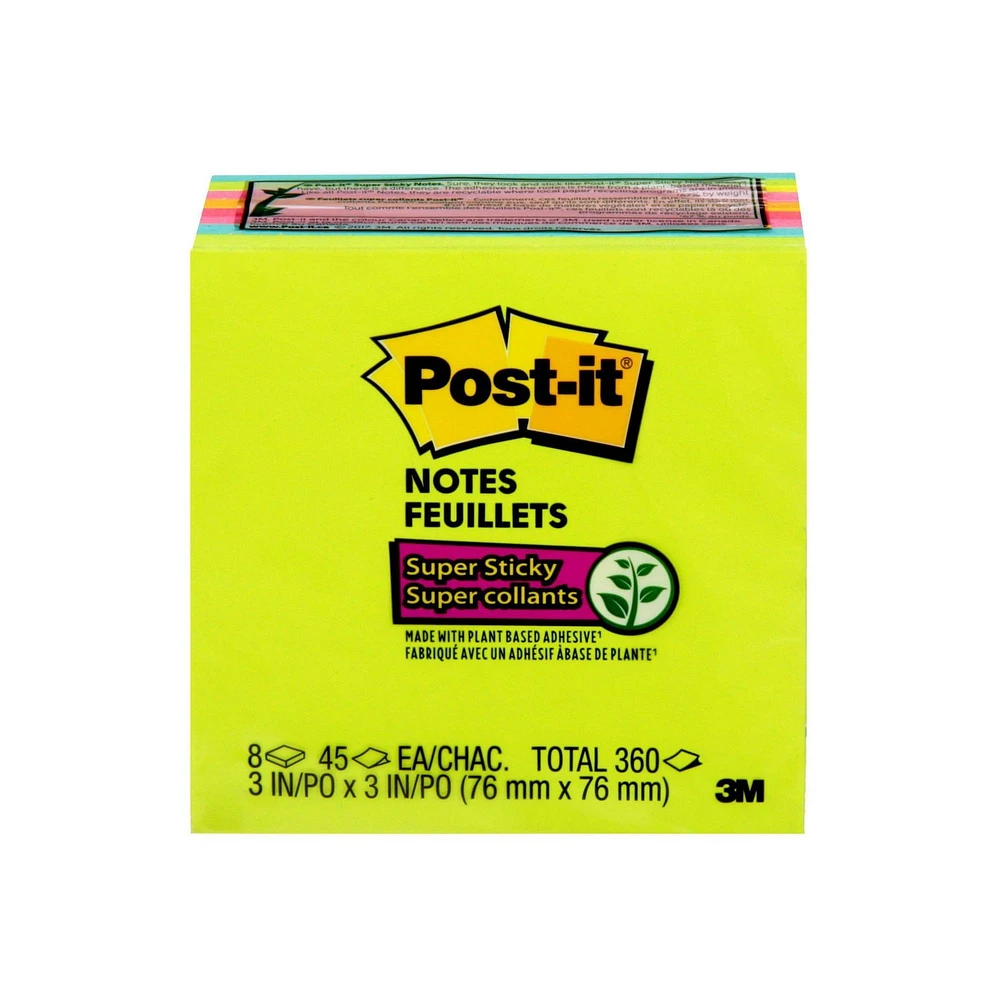 Feuillets super collants Post-it®, 3345-8SSMX-C, Assorties 3 po x 3 po, 45 Feuilles/Bloc