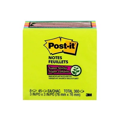 Feuillets super collants Post-it®, 3345-8SSMX-C, Assorties 3 po x 3 po, 45 Feuilles/Bloc