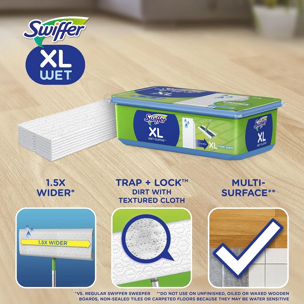 Recharges de linges humidifiés Swiffer grand format pour balayer et nettoyer les planchers, nettoyant pour planchers multi-surfaces, parfum Frais, 12 unités 12CT