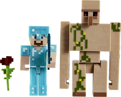 Minecraft  Steve and Iron Golem 3.25-inch Action Figure 2-Packs with 2 Figures and 2 Accessories