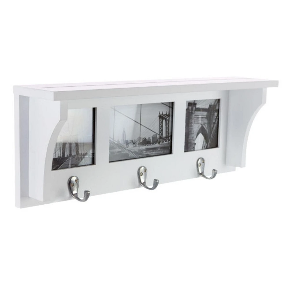 Kiera Grace Riley Wall Shelf and Picture Collage With Three Hooks, 18.75"L x 4"D X 7"H, White