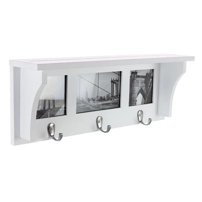 Kiera Grace Riley Wall Shelf and Picture Collage With Three Hooks, 18.75"L x 4"D X 7"H, White