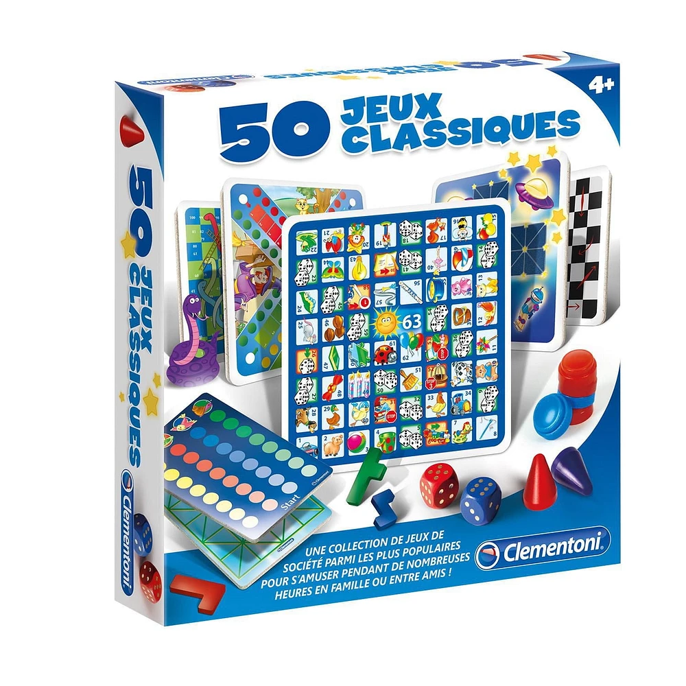 Clementoni - 50 Jeux Classiques - Collection de Jeux Traditionnels Pour Toute la Famille - Avec Plateaux et Dés - À partir de 4 Ans - 2 à 8 Joueurs - En Français