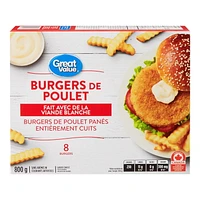 Great Value Chicken Burgers, 8 burgers, 800 g